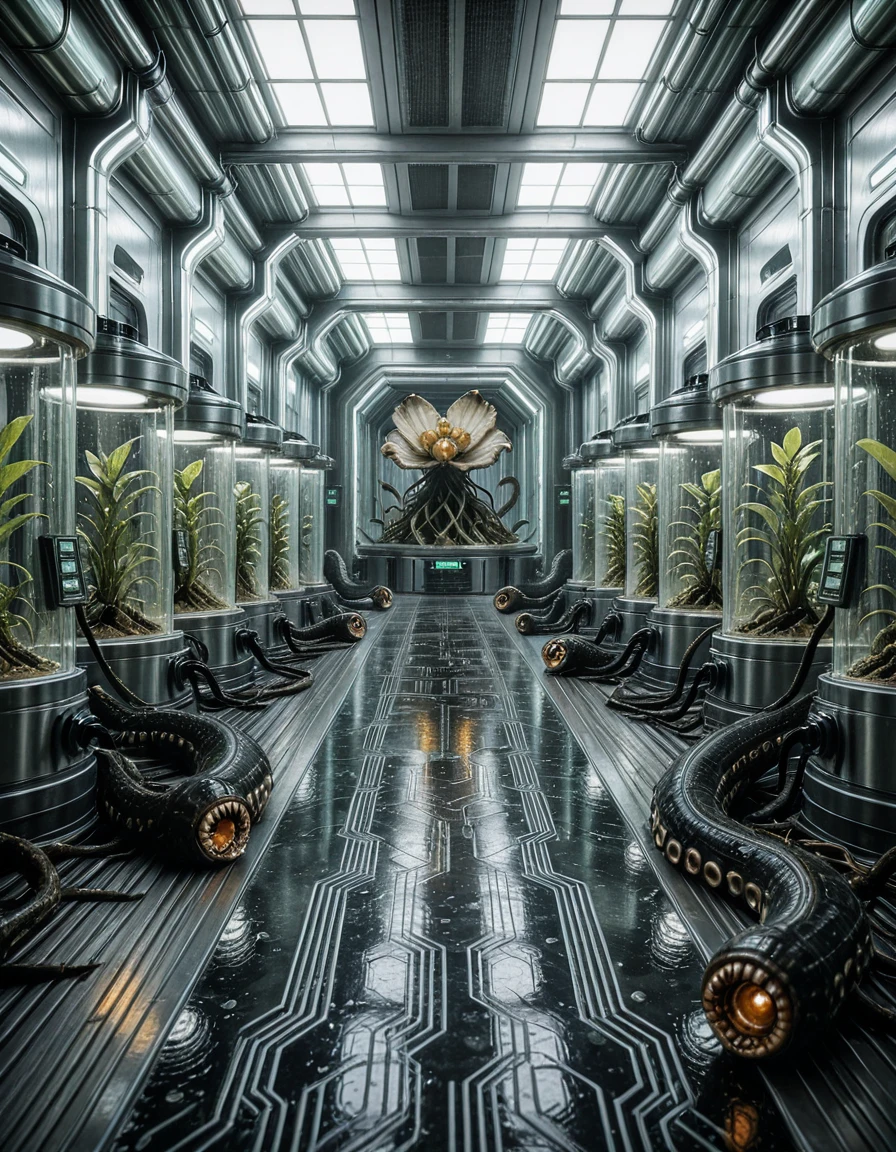 empty futuristic biotech greenhouse corridor aggresive version illu v1.0