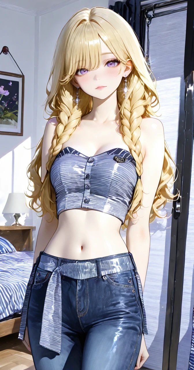 Stripe Glitter Tube Crop Top Matching Strap Dark Denim Outfit v1.0
