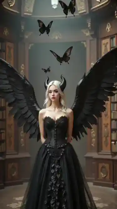 In the quiet of the library, a magical tome unleashes its power, transforming her into a celestial demon.