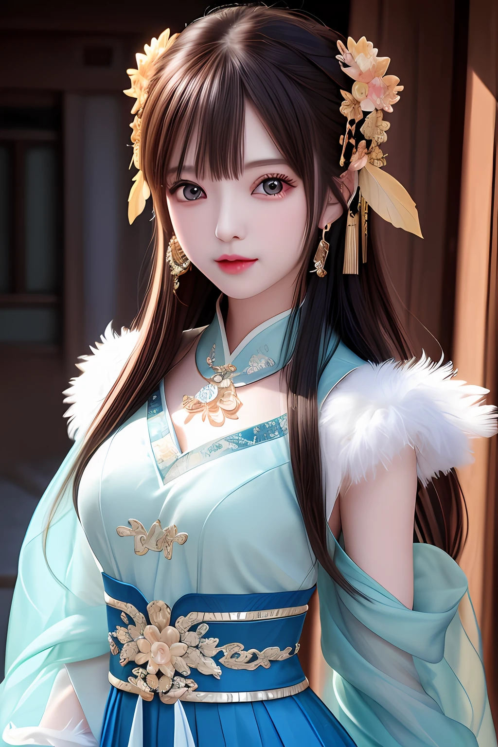 (best quality),((masterpiece)),(highres), original, (extremely detailed 8K wallpaper), overexposure,1girl,(medium breasts),(an extremely delicate and beautiful),(Beautiful and detailed eye description),(Beautiful and detailed facial depiction),(solo),(upper body),arms behind back,Rainskirt,hair ornament, necklace, jewelry,earrings,chinese style architecture,wavy hair,messy hair,swept bangs,, masterpiece, best quality,transparent feather coat,kawaii's face,anime,(harem outfit),full body,;d,