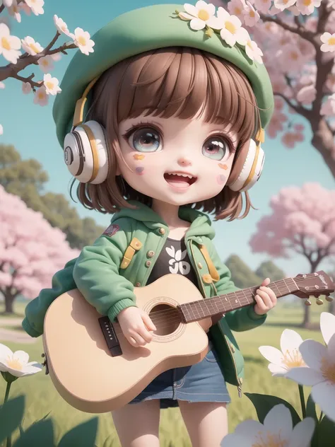 (masterpiece),(best quality),(ultra-detailed), (full body:1.2),
1girl,chibi,cute, smile, open mouth,
flower, outdoors, playing guitar, music, beret, holding guitar, jacket, blush, tree, :3, shirt, short hair, cherry blossoms, green headwear, blurry, brown hair, blush stickers, long sleeves, bangs, headphones, black hair, pink flower,
(beautiful detailed face), (beautiful detailed eyes),
<lora:blindbox_v1_mix:1>,