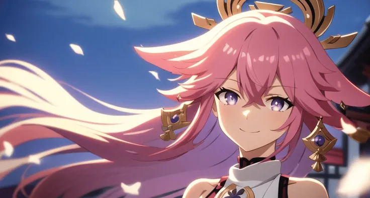 <lora:yaeMikoRealisticAnime_offset:0.6>, smile, sky, hair blowing, yae miko \(genshin impact\), pink hair, yae miko, <lora:ufotable_loha:0.3>, looking at viewer, blue hair, upper body, detailed eyes, anime screencap, ufotable style, purple eyes, kitsune, <lora:beautifulDetailedEyes_v10:0.6>, beautiful purple eyes, shrine, bare shoulders,