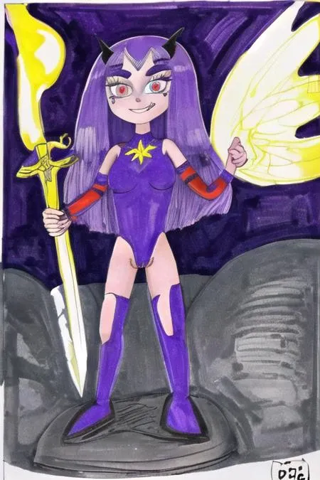 (chrischanstyle:1.4), ,,sex, nude, nsfw, A barren wasteland, with a small smug anime demon girl standing on a rock, holding a sword and offering her foot to the viewer. She has a curvaceous figure, with pale skin, long purple hair and glowing red eyes. She wears a tight purple bodysuit and demands worship from the viewer with a smug expression., [bioluminescent], adorable giant eyes, <lora:chrischan:1.1>
