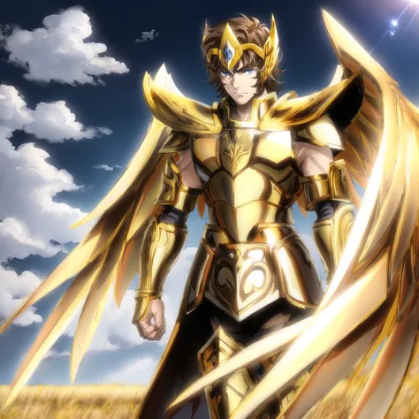 <lora:SagittariusArmor:0.6>, SagittariusArmor, gold armor, Henry Cavil as 1boy,  armor, brown hair, blue eyes, long gold wings, dramatic sky, looking at viewer, armor, short hair, closed mouth, upper body, serious, helmet, landing on empty field
