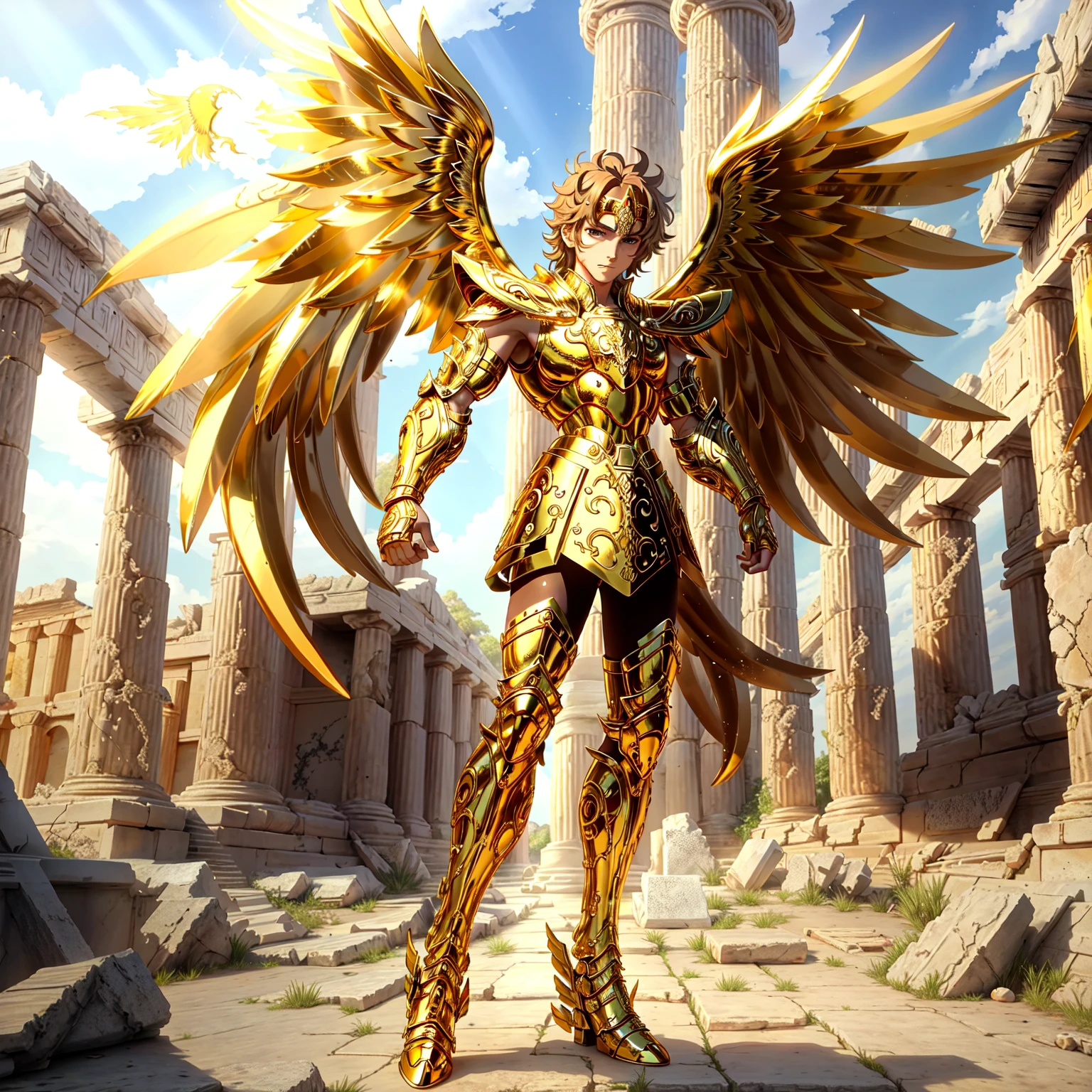 <lora:SagittariusArmor:0.6>, masterpiece, best quality, masterpiece, detailed face, detailed eyes, full body, 1boy, SagittariusArmor, armor, long golden wings, attack pose on an ancient greek battlefield ruins, ((anime)), headband