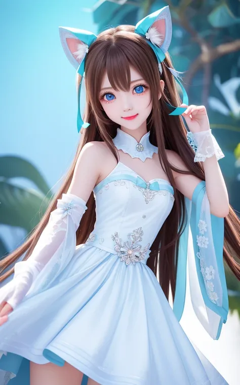 masterpiece, best quality, kawaii,adorable girl, girl,bishoujo,cute,long hair,light brown hair,hair between eyes,ahoge, blue eyes,beautiful detailed eyes,aqua eyes,cat_ears,blue hairbow,white kneehighs,white dress,white infrared sleeve,((beautiful detailed face)), (beautiful detailed eyes),boots,full body,white glove,cute face,happy