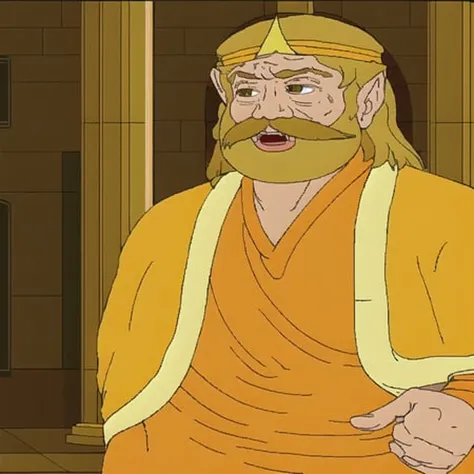 1boy, solo, male focus, facial hair, blonde hair, pointy ears, beard, open mouth, mustache, upper body, indoors, long sleeves, king harkinian, orange robe, yellow cape <lora:ZeldaCDI256NAI:1>