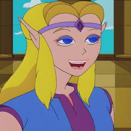 1girl, solo, blonde hair, blue eyes, pointy ears, smile, princess zelda, long hair, circlet, makeup, lipstick, open mouth, cloud, meme, sky, tiara, upper body, portrait, looking to the side, profile, laughing, window, indoors <lora:ZeldaCDI256NAI:1>