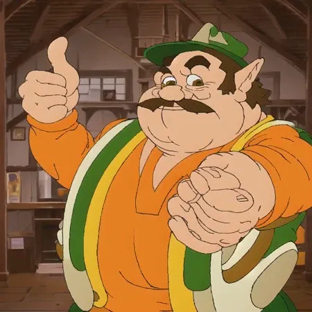 1boy, mustache, male focus, solo, facial hair, brown hair, thumbs up, hat, smile, looking at viewer, shirt, vest, green headwear, indoors, long sleeves, fat, orange shirt, thick eyebrows, upper body, orange vest, fat man, closed mouth, hands up, short hair, morshu, pointy ears <lora:ZeldaCDI256NAI:1>