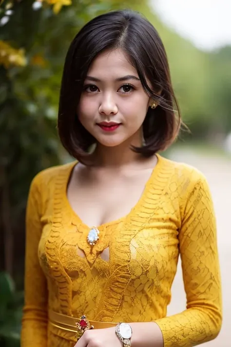 masterpiece, best quality,1girl, solo, short hair, looking at viewer, smile, brown hair, black hair, dress, brown eyes, jewelry, standing, ring, realistic, closed mouth,upper body, 
 <lora:balinese:1>
