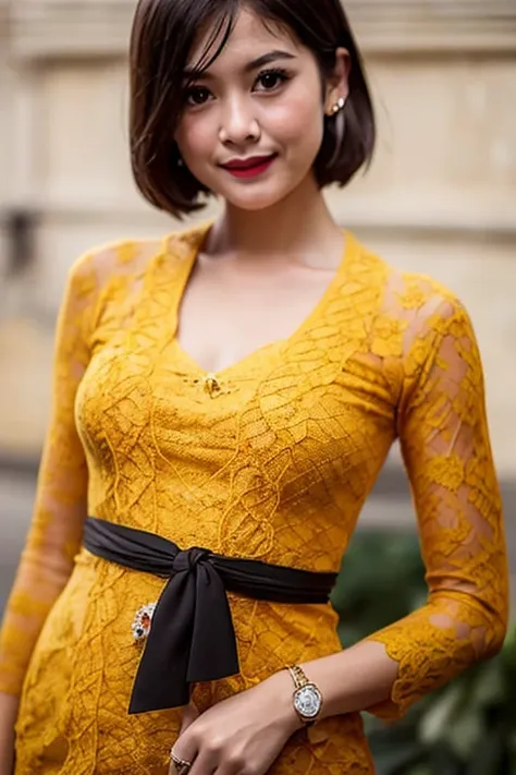 masterpiece, best quality,1girl, solo, short hair, looking at viewer, smile, brown hair, black hair, dress, brown eyes, jewelry, standing, ring, realistic, closed mouth,upper body, 
 <lora:balinese:1>
