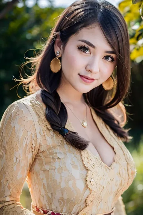 masterpiece, best quality,1girl,large breasts, medium hair,bangs, single braid, smile, closed mouth, earrings, jewelry, looking at viewer, brown hair, realistic, upper body,  <lora:balinese_v10:1>
