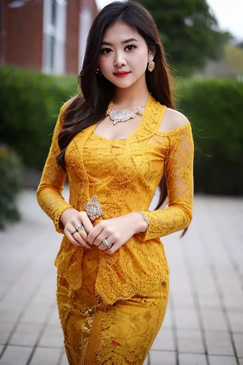 masterpiece, best quality,1girl, solo, long hair, looking at viewer, smile, brown hair, black hair, dress, brown eyes, jewelry, standing, earrings, ring, realistic, closed mouth,
 <lora:balinese:1>
