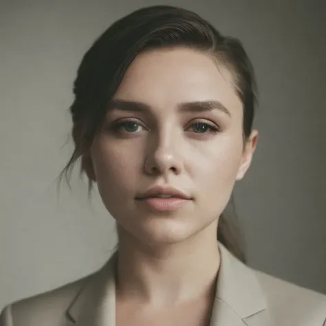 modelshoot style A stunning intricate full color portrait of simling pugh-subject, epic character, actrress Florence Pugh,