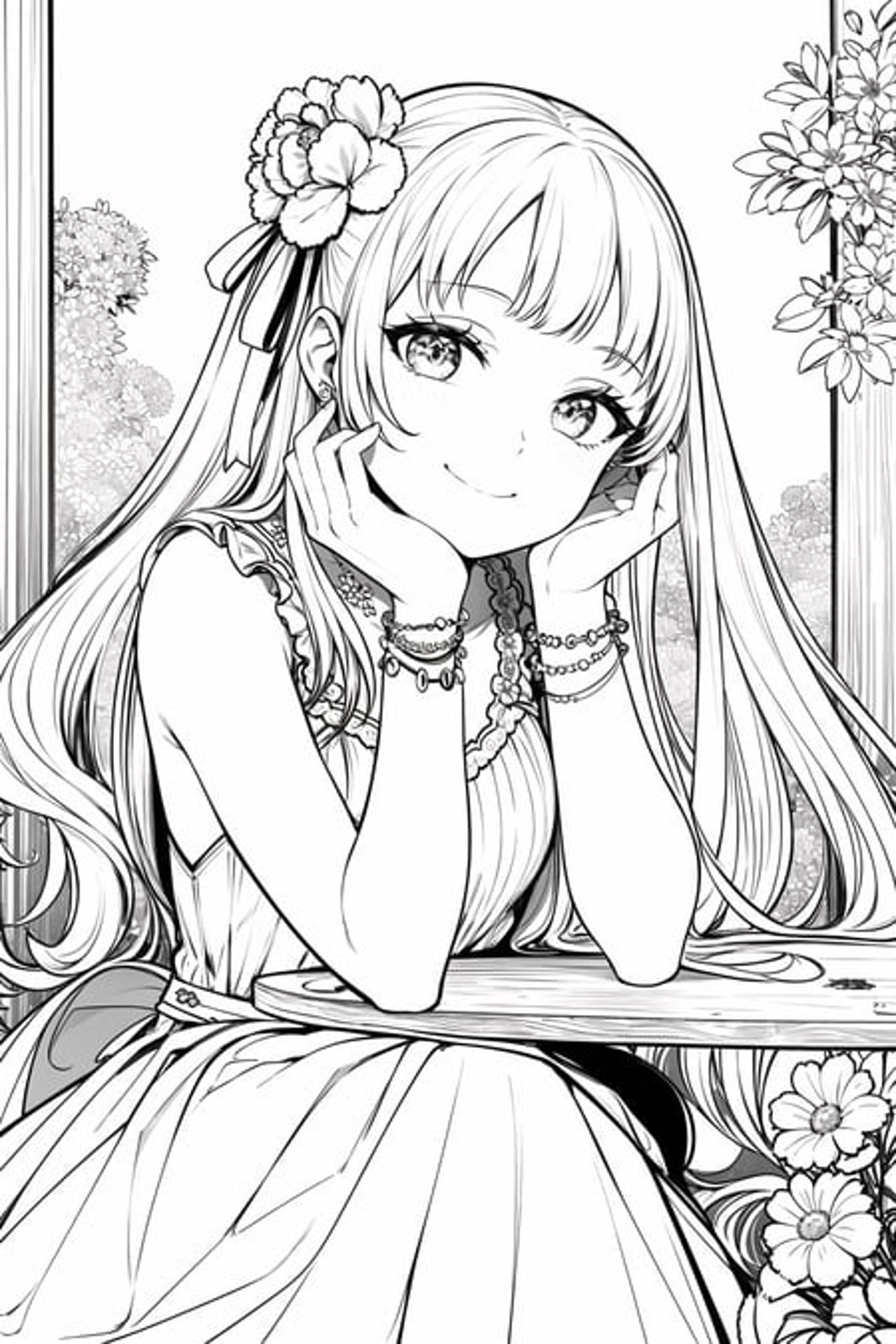 A black and white drawing of a girl sitting on a bench - SeaArt AI