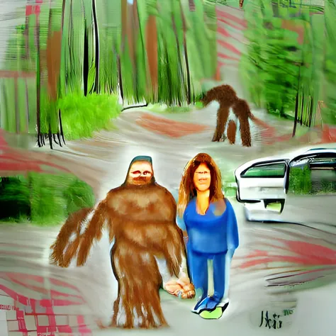 bigfot and woman in the woods