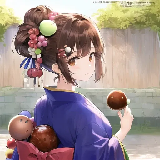 yomogi,((oblique bangs in front)),sanshoku dango, ((a string of dango shape hair ornament on her back side of head)),short hair, brown hair, brown eyes,green kimono, looking at viewer, best quality, masterpiece, 1girl, great article, (( meatball hair in back)),