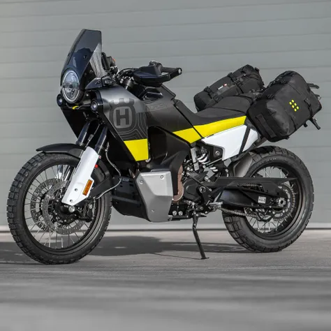 Standing alone arafed adventure motorcycle with wall background, big windscreen, mud dirt tyres, rear saddlebags, front lightning, retro headlight, big wheels, husqvarna, with fluo colored details