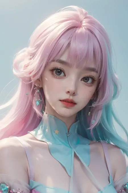 (fluorescent colors:1.4),(translucent:1.4),(retro filters:1.4), (fantasy:1.4), candy world Disney land ethereal soft fluffy soft landscape forest snowavatar Pastel pink sky green blue sparkle ethereal light pastel whimsical light rainbow stars diamonds sparkle gemstone background hyper realistic Ultra quality cinematic lighting immense detail Full hd painting Well lit,diagonal bangs, collared dress,on side masterpiece, best quality,realskin,(portrait:1.5), 1girl, blunt bangs, long hair <lora:OC:0.5>