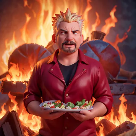 Guy Fieri, holding salads, in hell, flames behind, fire, bonfire, sad, angry, (8k, 4k, high definition, best quality:1.5), cinematic lighting, studio lighting, highly realistic,