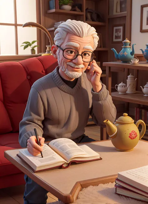 masterpiece, high quality, best quality, sculpture,(clay),
(solo:1.2),a kindly old grandfather, a little fat, silver hair, bun, warm smile, black glasses, gray sweater, black pants, clay sculpture style, sitting on a sofa, ((three head to body ratio)), ((close-up)), interior, walls, windows, landscape, birds, floor, carpet, sofa, coffee table, bookshelf, cushions, teacups, teapots, cookies, fruits, books, lace decoration, ((vintage style)), ((non-standard ratio)), ((clay sculpture style)),
