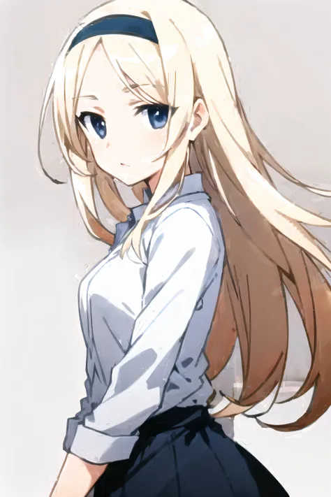 brave witches, (Aleksandra I. Pokryshkin:1.2), blonde hair, blue eyes, black hairband,long hair, wavy hair, hairline,
closed mouth , standing, small breasts, breasts, serene expression,forehead,
(high quality:1.1), 1girl , simple background, upper body, white background,<lora:NoiseOffset_v2:1.0>