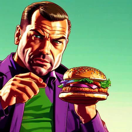 Cyberpunk mutant, eating a burger, GTA768