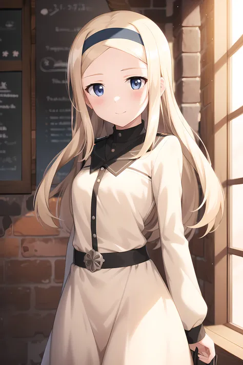 brave witches, aleksandra i. pokryshkin , 1girl,blonde_hair, blue_eyes:1.2, closed_mouth, indoors , black hairband,hairband, long hair :1.1 , looking_at_viewer , solo, straight hair , forehead, loli face , small breasts , blush , hair between eyes , white dress :1.25 , in cafe , coffee shop ,
(high quality:1.1), 1girl , simple background, cowboy shot , white background,