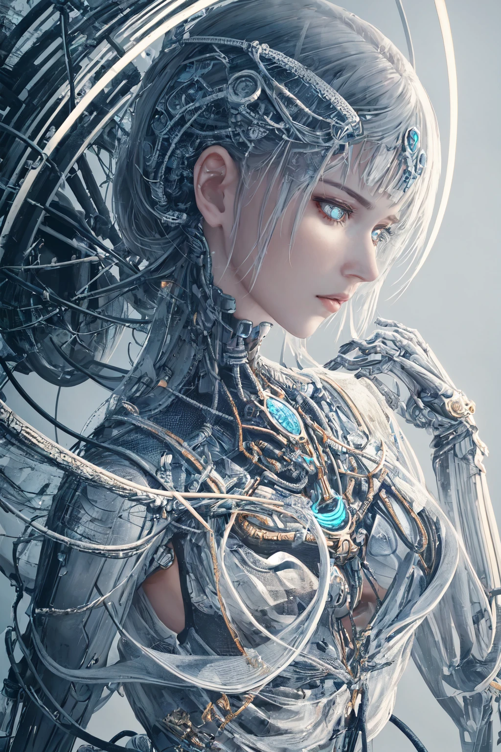 1mechanical girl,ultra realistic details, portrait, global illumination, shadows, octane render, 8k, ultra sharp,intricate, ornaments detailed, cold colors, metal, egypician detail, highly intricate details, realistic light, trending on cgsociety, glowing eyes, facing camera, neon details, machanical limbs,blood vessels connected to tubes,mechanical vertebra attaching to back,mechanical cervial attaching to neck,sitting,wires and cables connecting to head