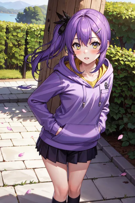 masterpiece, best quality, <lora:huz10-000008:0.8>, iom, 1girl, solo, purple hair, yellow eyes, small breasts, long hair, looking at viewer, hair ornament, side ponytail, hair ribbon, hairclip, blush, bangs, parted lips, sky , tree, flower, day, petals, stone floor, lake, school_uniform, hoodie, hand in pocket, standing