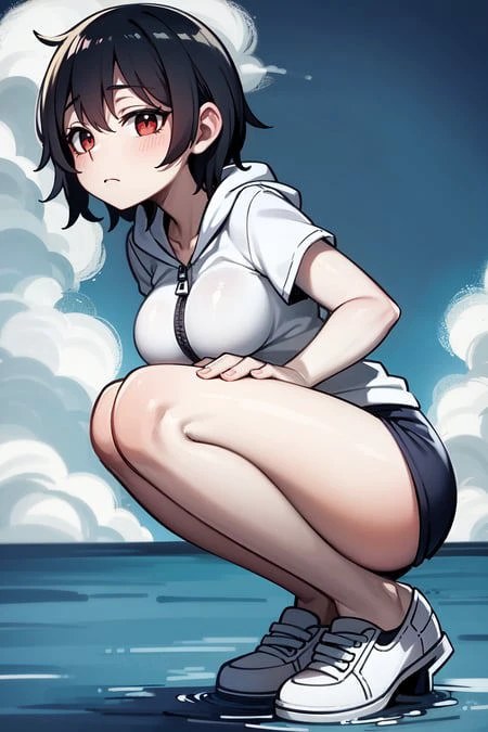 masterpiece, best quality, from side, focus away, come on water, dream, fantasy, 1girl, short hair, (Navy hair:1.05), clear red eyes, hoodie white zip, white shoes, (embarrassing face:1.1), sky background, beautiful detailed water, dynamic angle, finely detailed eyes, water, sky, full body, very wide shot, blue sky, medium breasts, closed mouth <lora:Helltaker:0.3>
