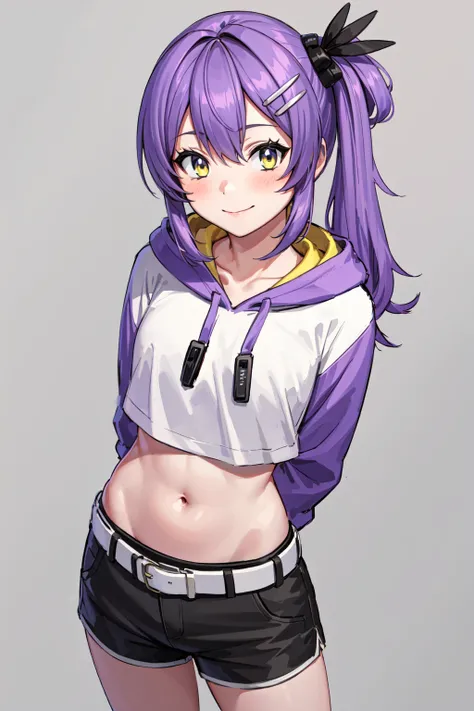 masterpiece, best quality,  <lora:huz10-000010:0.8>, iom,1girl, solo,  yellow eyes, purple hair, shorts, hair ornament, navel, small breasts, crop top, smile, midriff, hairclip, side ponytail, looking at viewer, black shorts, white background, hood,  fishnets, collarbone, short shorts, simple background, hoodie, blush, long hair, cropped hoodie, belt, cowboy shot, arms behind back  
