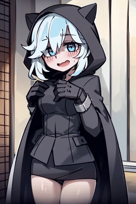 masterpiece, best quality, 1girl, solo, blush, (blue_hair:1.34), (messy_hair), (hair_over_one_eye), (light_blue_eyes:1.34), black cloak, animal_ear hoodie, hood up, corset, white_blouse, black_boot, shameful, shy, open mouth <lora:Helltaker:0.6>,
