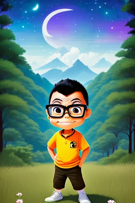 guttonerdinho01, "Immerse yourself in a captivating world where a young boy with glasses stands, smiling with joy, his back turned to the moon. The night sky, adorned with a blanket of shimmering stars, serves as the backdrop for this enchanting scene. Inspired by the artistic prowess of Alex Ross, the Chibi-style illustration captures the innocence and playfulness of the boy. The Unreal Engine brings this detailed artwork to life in stunning 8K resolution, allowing you to appreciate the intricacies of the scene. Transported to a farmhouse setting, every detail is meticulously rendered, from the rustic charm of the house to the surrounding fields. Lose yourself in the warmth and tranquility of this idyllic countryside scene as the boy and the night sky create a perfect harmony."