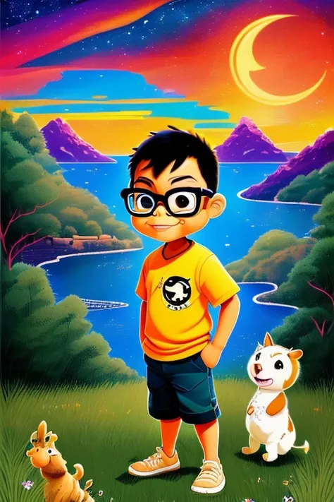 guttonerdinho01, "Immerse yourself in a captivating world where a young boy with glasses stands, smiling with joy, his back turned to the moon. The night sky, adorned with a blanket of shimmering stars, serves as the backdrop for this enchanting scene. Inspired by the artistic prowess of Alex Ross, the Chibi-style illustration captures the innocence and playfulness of the boy. The Unreal Engine brings this detailed artwork to life in stunning 8K resolution, allowing you to appreciate the intricacies of the scene. Transported to a farmhouse setting, every detail is meticulously rendered, from the rustic charm of the house to the surrounding fields. Lose yourself in the warmth and tranquility of this idyllic countryside scene as the boy and the night sky create a perfect harmony."