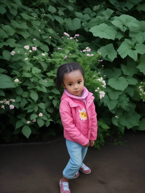 (YVIAN)Há uma menina em pé em frente a um arbusto de flores, menina em flores, andando no jardim, menina africana de pele clara, em pé em um jardim botânico, criança pequena, flores nas bochechas do herdeiro, entre folhagens, ela é o centro do jardim, jovem, menina frontal em um campo de flores, menina em pé no campo de flores