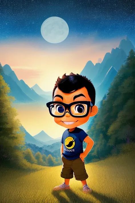 guttonerdinho01, "Immerse yourself in a captivating world where a young boy with glasses stands, smiling with joy, his back turned to the moon. The night sky, adorned with a blanket of shimmering stars, serves as the backdrop for this enchanting scene. Inspired by the artistic prowess of Alex Ross, the Chibi-style illustration captures the innocence and playfulness of the boy. The Unreal Engine brings this detailed artwork to life in stunning 8K resolution, allowing you to appreciate the intricacies of the scene. Transported to a farmhouse setting, every detail is meticulously rendered, from the rustic charm of the house to the surrounding fields. Lose yourself in the warmth and tranquility of this idyllic countryside scene as the boy and the night sky create a perfect harmony."
