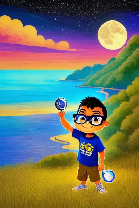 guttonerdinho01, "Immerse yourself in a captivating world where a young boy with glasses stands, smiling with joy, his back turned to the moon. The night sky, adorned with a blanket of shimmering stars, serves as the backdrop for this enchanting scene. Inspired by the artistic prowess of Alex Ross, the Chibi-style illustration captures the innocence and playfulness of the boy. The Unreal Engine brings this detailed artwork to life in stunning 8K resolution, allowing you to appreciate the intricacies of the scene. Transported to a farmhouse setting, every detail is meticulously rendered, from the rustic charm of the house to the surrounding fields. Lose yourself in the warmth and tranquility of this idyllic countryside scene as the boy and the night sky create a perfect harmony."