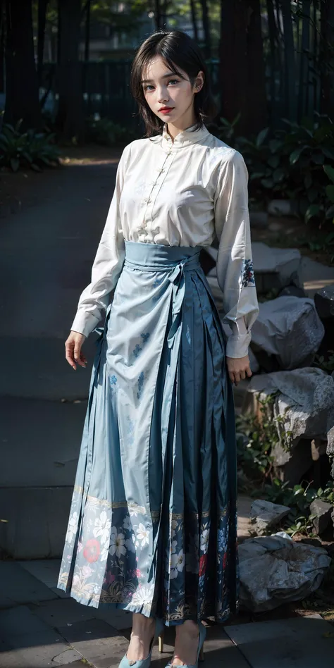 (light blue long skirt:1.2),(flowers print:1.2),(white long sleeves shirt),1 girl,full body, high heels,(short hair:1.1), (realistic:1.7),((best quality)),absurdres,(ultra high res),(photorealistic:1.6),photorealistic,octane render,(hyperrealistic:1.2), (photorealistic face:1.2), (8k), (4k), (Masterpiece),(realistic skin texture), (illustration, cinematic lighting,wallpaper),( beautiful eyes:1.2),((((perfect face)))),(cute),(standing),(black hair),(short hair),black eyes,red lips, (outdoors),<lora:Ma-Mian_skirt:0.8>,  <lora:JapaneseDollLikeness_v15:0.4>,
