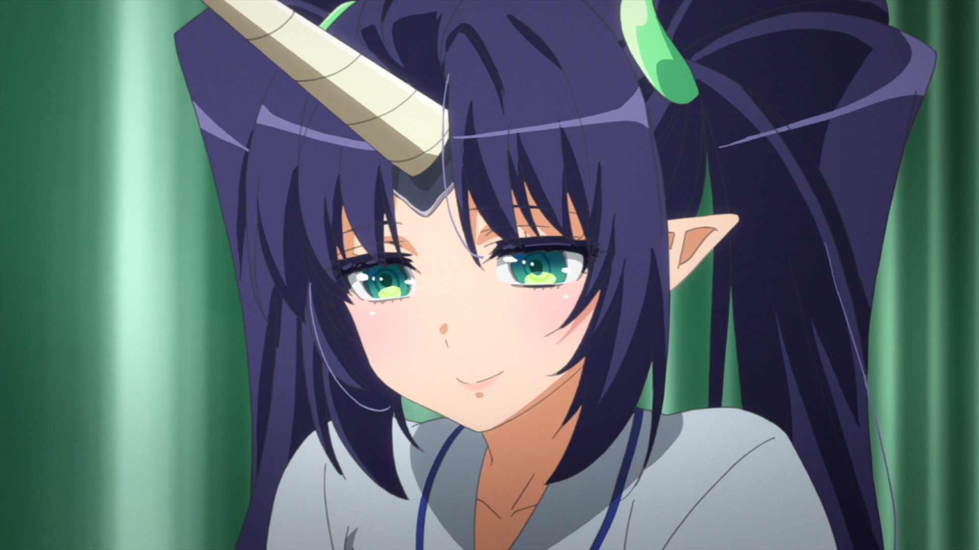 Anime girl with long black hair and green eyes with a horn - SeaArt AI