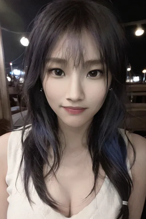 ((solo))a girl,(girl),(female),(photorealistic:1.4),((upper body)),((face-to-face)),dark blue hair,medium breasts,((disheveled hair)),long hair,(smile:1),cinematic lighting,volumetric light,rim lighting,clear sharp focus,instagram most viewed,official wallpaper, official art,cinematic effects,wallpaper,Megapixel,highres,masterpiece, best quality,, front lighting,bokeh,ultra high res, looking at viewer, facing front,detailed face, perfect anatomy, contrapposto,