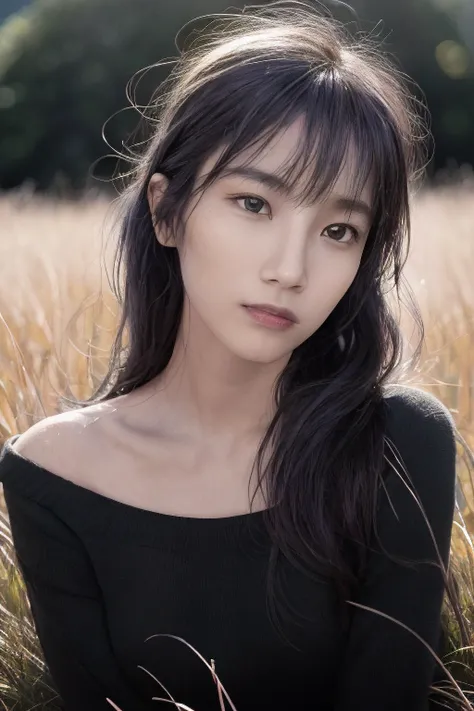 ((solo))a girl,(girl),(female),thin,skinny,slender body,black sweater, lying,lying on grassland,lying in a meadow,hair ornament,(photorealistic:1.4),(upper body),medium breasts,((disheveled hair)),long hair,(smile:1),cinematic lighting,volumetric light,rim lighting,clear sharp focus,instagram most viewed,official wallpaper, official art,cinematic effects,wallpaper,Megapixel,highres,masterpiece, best quality,, front lighting,bokeh,ultra high res, looking at viewer,  facing front,detailed face, perfect anatomy, contrapposto,
