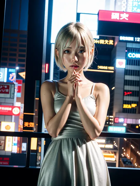 digital art, 4K UHD image, japanese girl,24 years old, silver short hair, girl holding her mouth with both hands in awe, very detailed face, slam city, dramatic lighting, full body