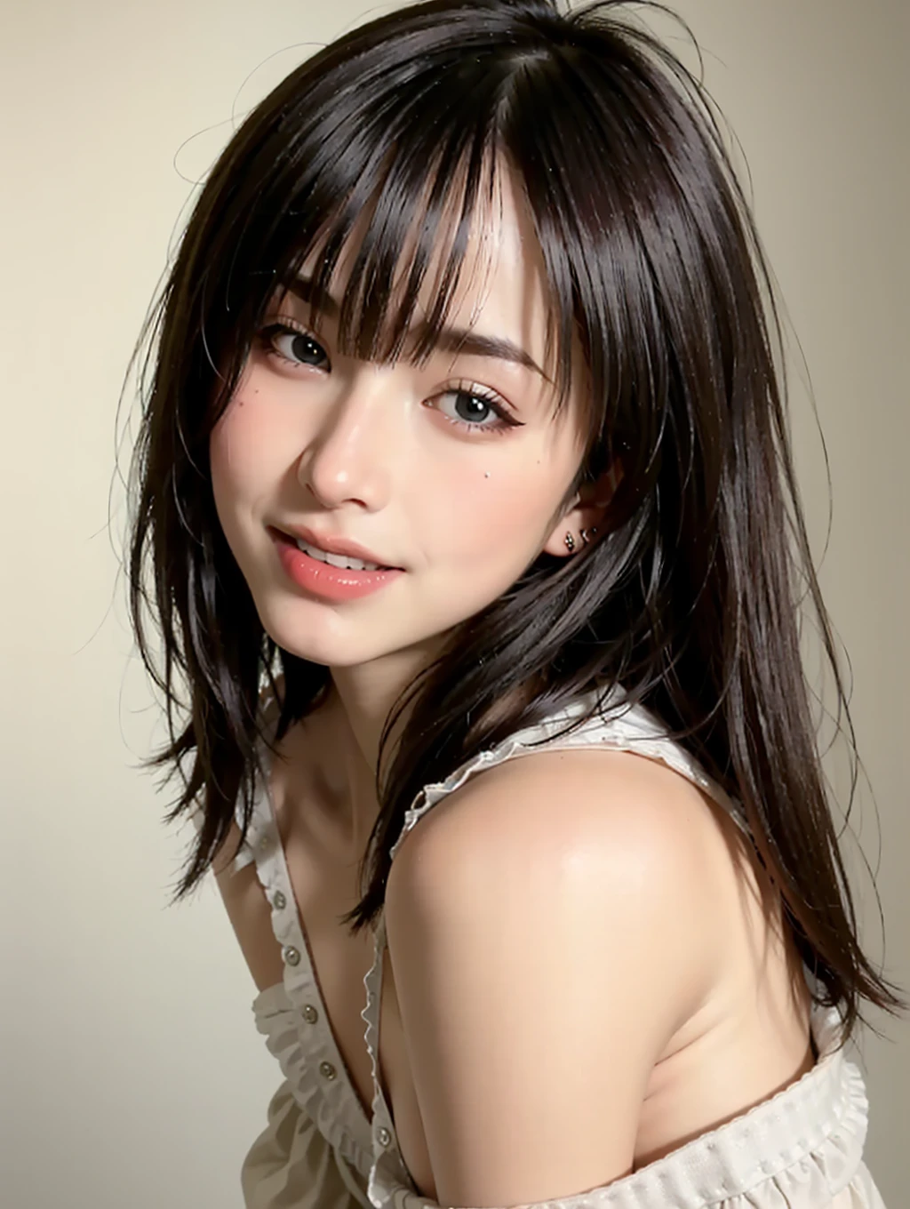 Best quality, masterpiece, ultra high res, (photorealistic:1.4), a beautiful woman, white shirt, medium breast, narrow waist, shiny skin, seductive smile, bokeh <lora:cnbeauty4:0.6>