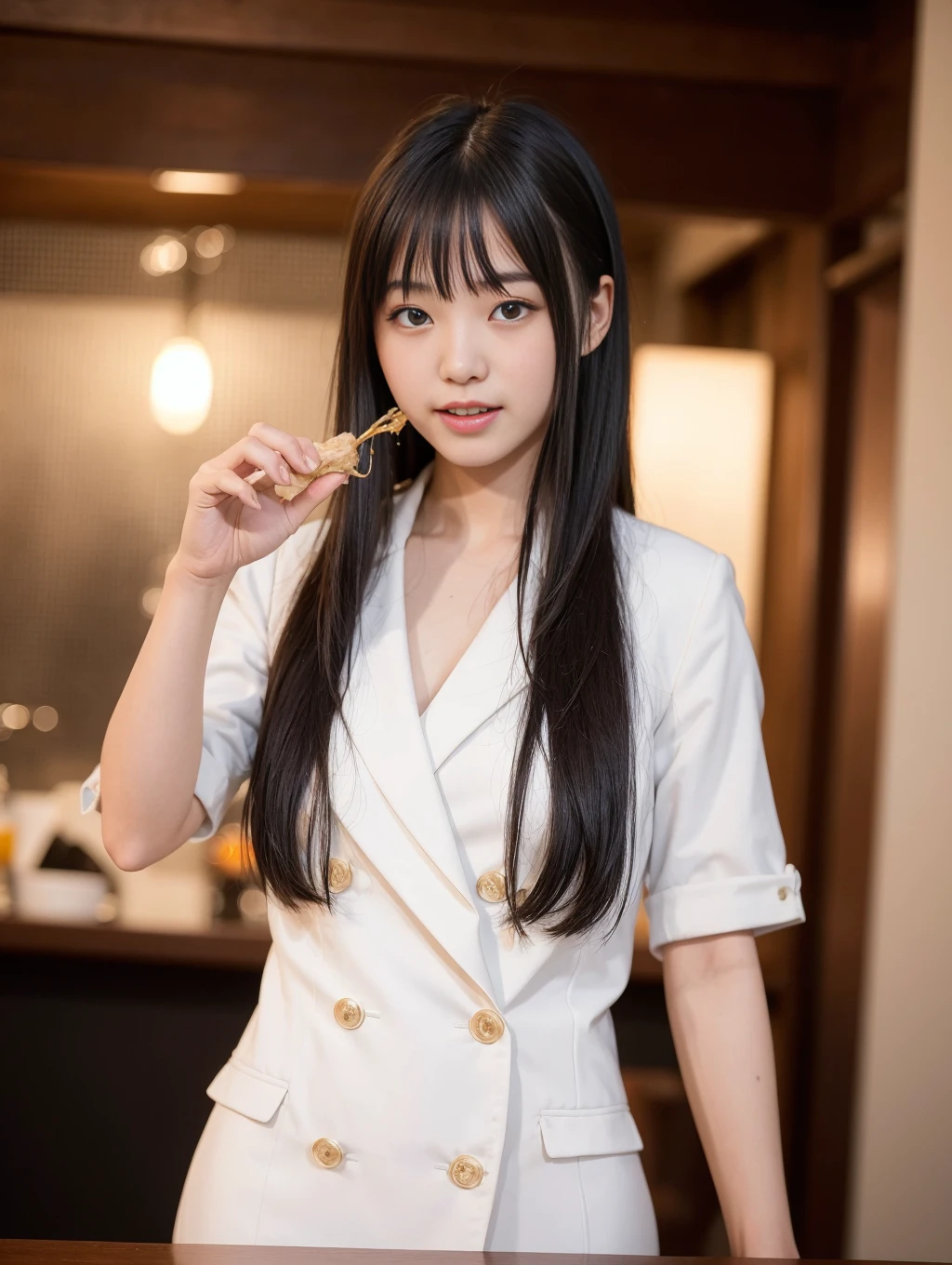nikon RAW photo,8 k,Fujifilm XT3,masterpiece, best quality, High Fashion Encounter: A 22-year-old Taiwanese woman with beautiful long black hair and straight bangs, her eyes twinkling with mischief; she is sensually enjoying her ramen, but in a charmingly clumsy manner; noodles are spilling from her slightly parted, glossy lips, falling onto her immaculate white suit, staining it; her delightful smile and carefree enjoyment of the meal overshadow this minor mishap, adding a touch of sexy and goofy charm to the scene.