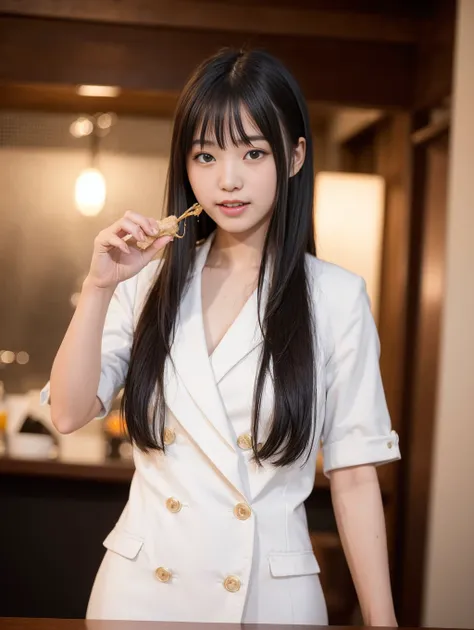 nikon RAW photo,8 k,Fujifilm XT3,masterpiece, best quality, High Fashion Encounter: A 22-year-old Taiwanese woman with beautiful long black hair and straight bangs, her eyes twinkling with mischief; she is sensually enjoying her ramen, but in a charmingly clumsy manner; noodles are spilling from her slightly parted, glossy lips, falling onto her immaculate white suit, staining it; her delightful smile and carefree enjoyment of the meal overshadow this minor mishap, adding a touch of sexy and goofy charm to the scene.
