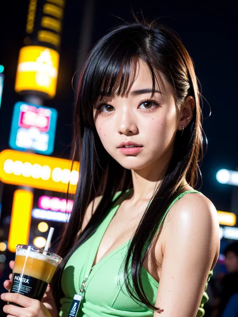 An 8K Nikon RAW photo capturing the intriguing expression of a 22-year-old Japanese girl, her face illuminated by the neon glow of a Blade Runner-esque cityscape, all captured in the style of a Fujifilm XT3 masterpiece, osaka, go out to a pub to have a drink
