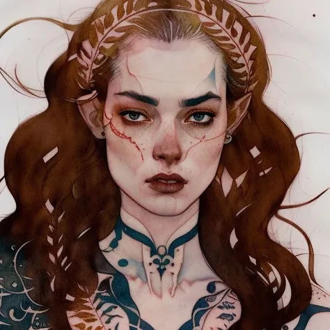 a watercolor portrait of a furious beautiful female elven pirate, glossy, dark color scheme, facial expression, ((cartoon)), ((body tattoos)), trending on artstation, tranding on pinterest, ink disheveled, stains and dots, excellent composition, precise correct anatomy, inspirational, masterpiece, art by sachin teng, art by Abigail Larson, by greg tocchini, by kaethe butcher, Alex Horley-Orlandelli, Atey Ghailan and Asaf Hanuka