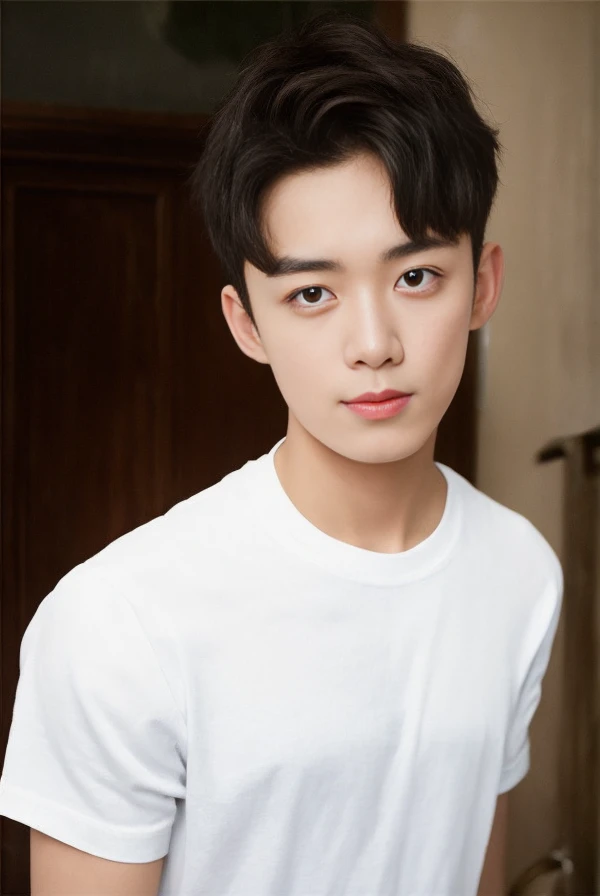 best quality, masterpiece, 1boy,wulie,white shirt,realistic, <lora:wulei_v2-2:0.9>white t-shirt,