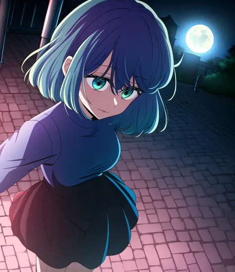 KurokawaAkane; fanart; 1girl, solo, blue dress,   cinematic angle, moonlight, (at night) 
The girl on the deserted shopping street, the darkness of night enveloping her. The only illumination came from the moonlight, casting a colorful glow across the pavement.  
<lyco:oshinoko-ep04-cs2-loha-step-30000:1>
